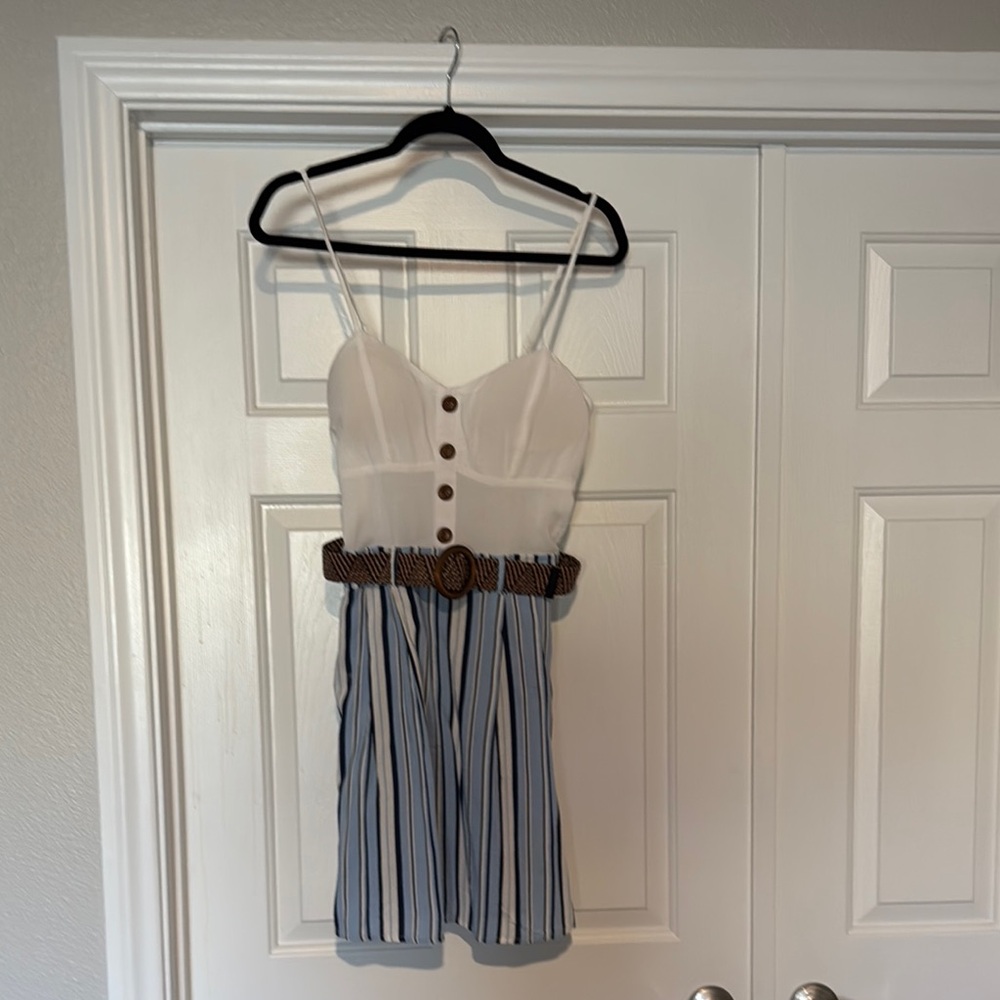 White and Blue Striped Dress with Brown Belt